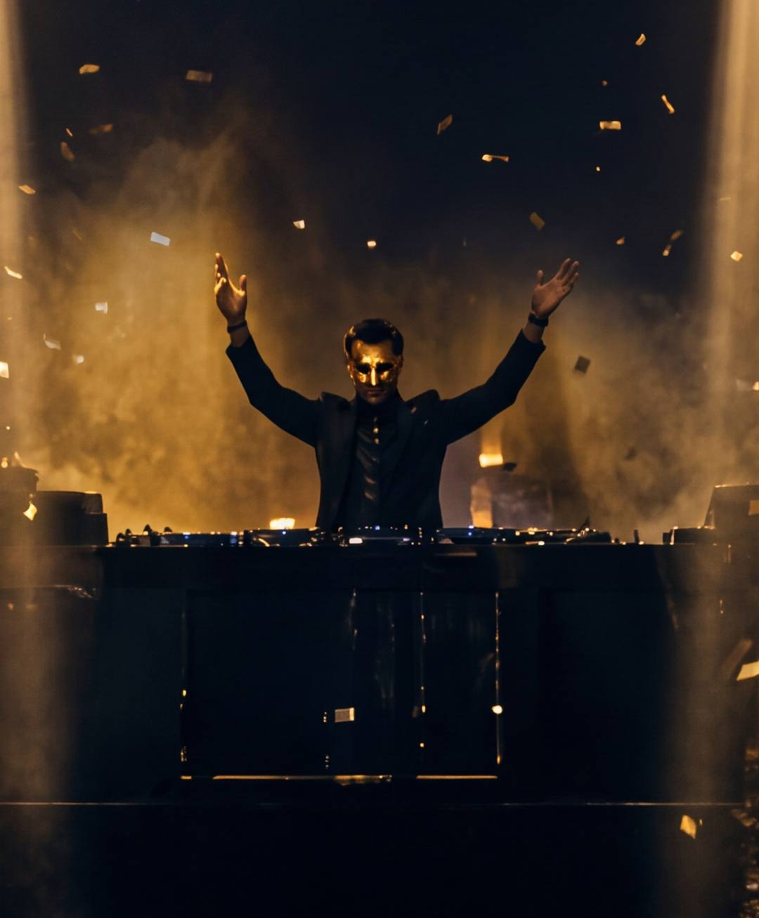 Guests dressed in black with golden masks celebrating in front of a DJ booth